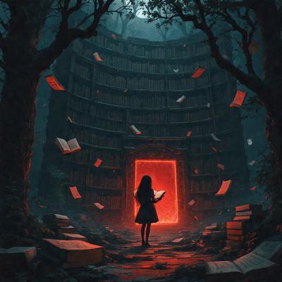 The primary subject of the image is a young girl standing in front of a large bookcase. The setting is a dark, possibly haunted, library with a red door. The visual style is a digital art or illustration, creating a dramatic and mysterious atmosphere. The colors are predominantly dark, with the red door and the girl's clothing providing a contrasting element. The overall mood of the image is eerie and intriguing.